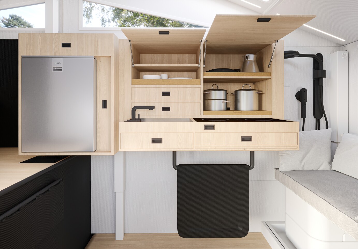 A better look at the full multi-slide kitchen block and cushioned bench/wet bath