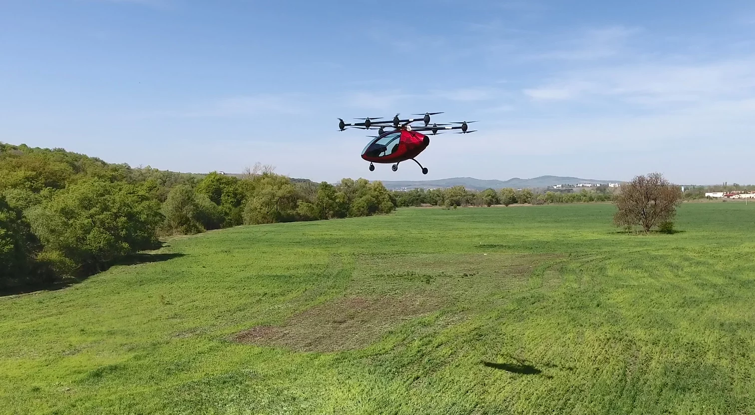 The Passenger Drone is built from carbon fiber composites and features a total of 16 rotors