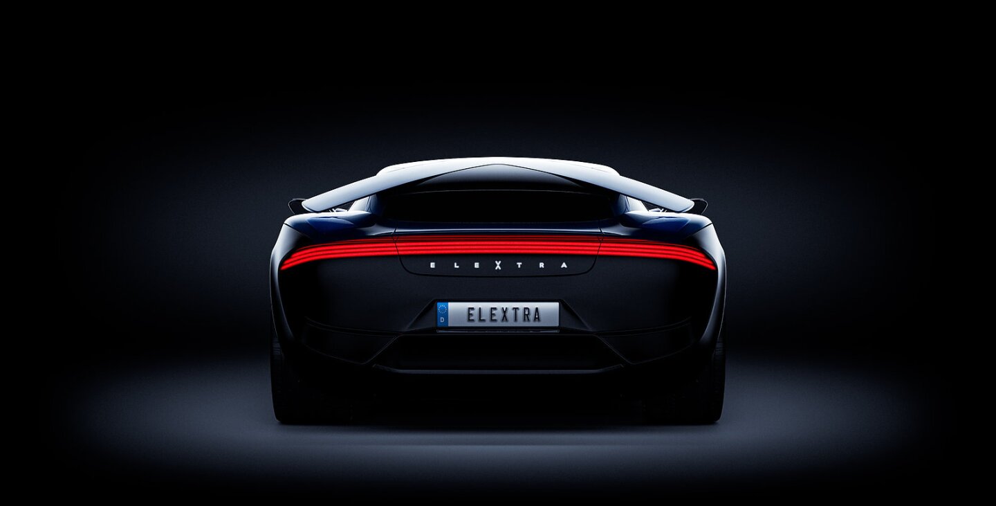 The Elextra electric sports sedan will have three thin taillights running clean across the rear-end, and a boomerang-like spoiler dropping down off the roof