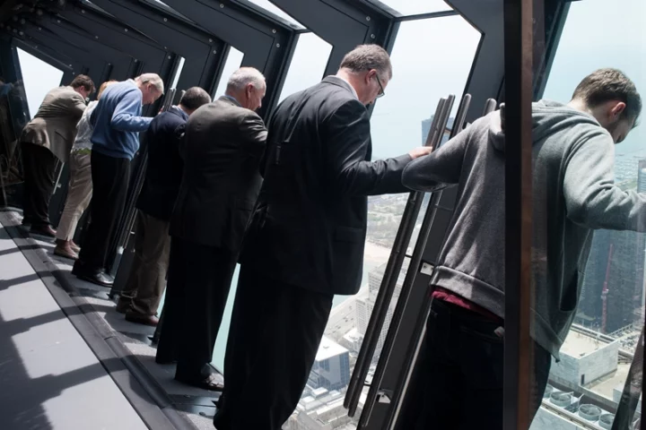 A new viewing platform has been installed at 360 Chicago that tilts visitors out over a 1000 ft (305 m) drop