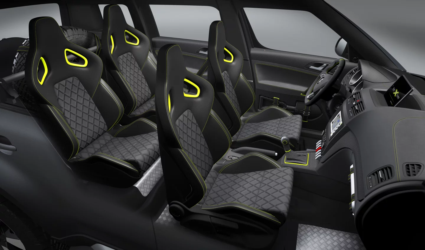 Four Recaro sports seats support the Yeti Extreme driver and passengers
