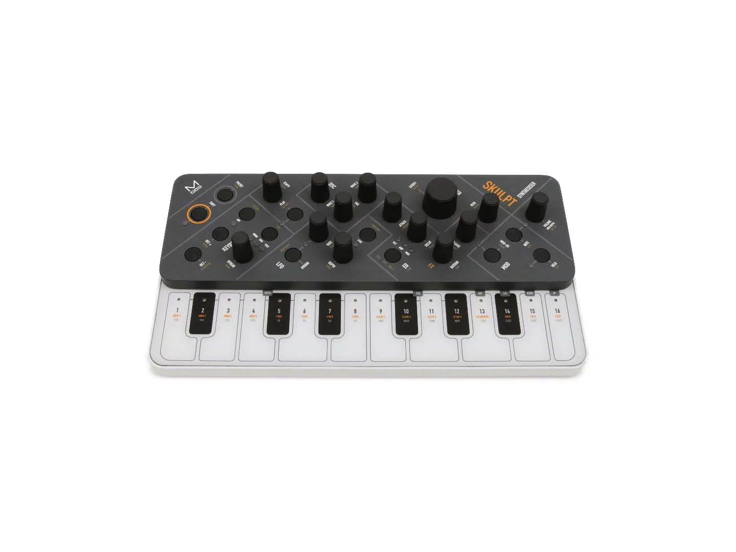 Parameters can be tweaked using the 13 front panel encoders and notes entered on the 16 keys to the front of the Skulpt