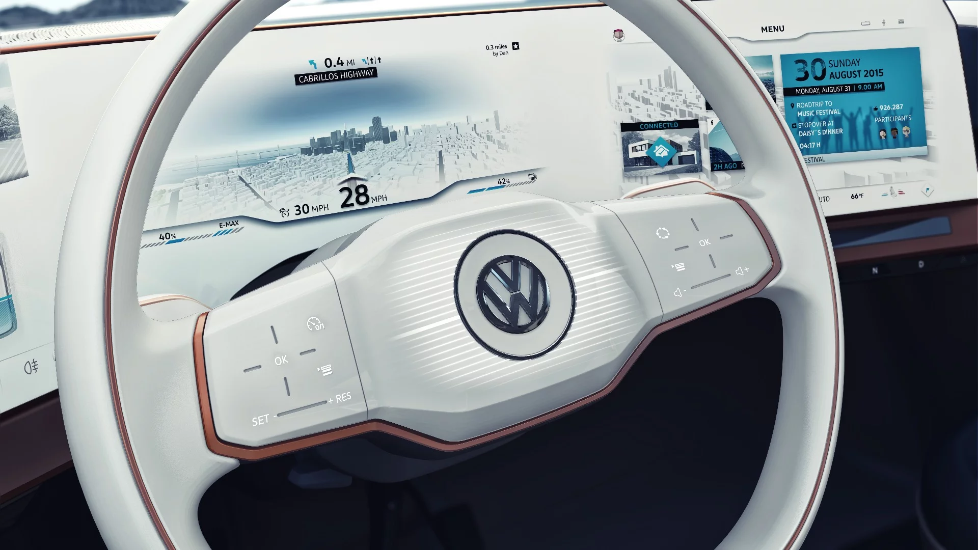 The steering wheel features integrated touch control with haptic feedback