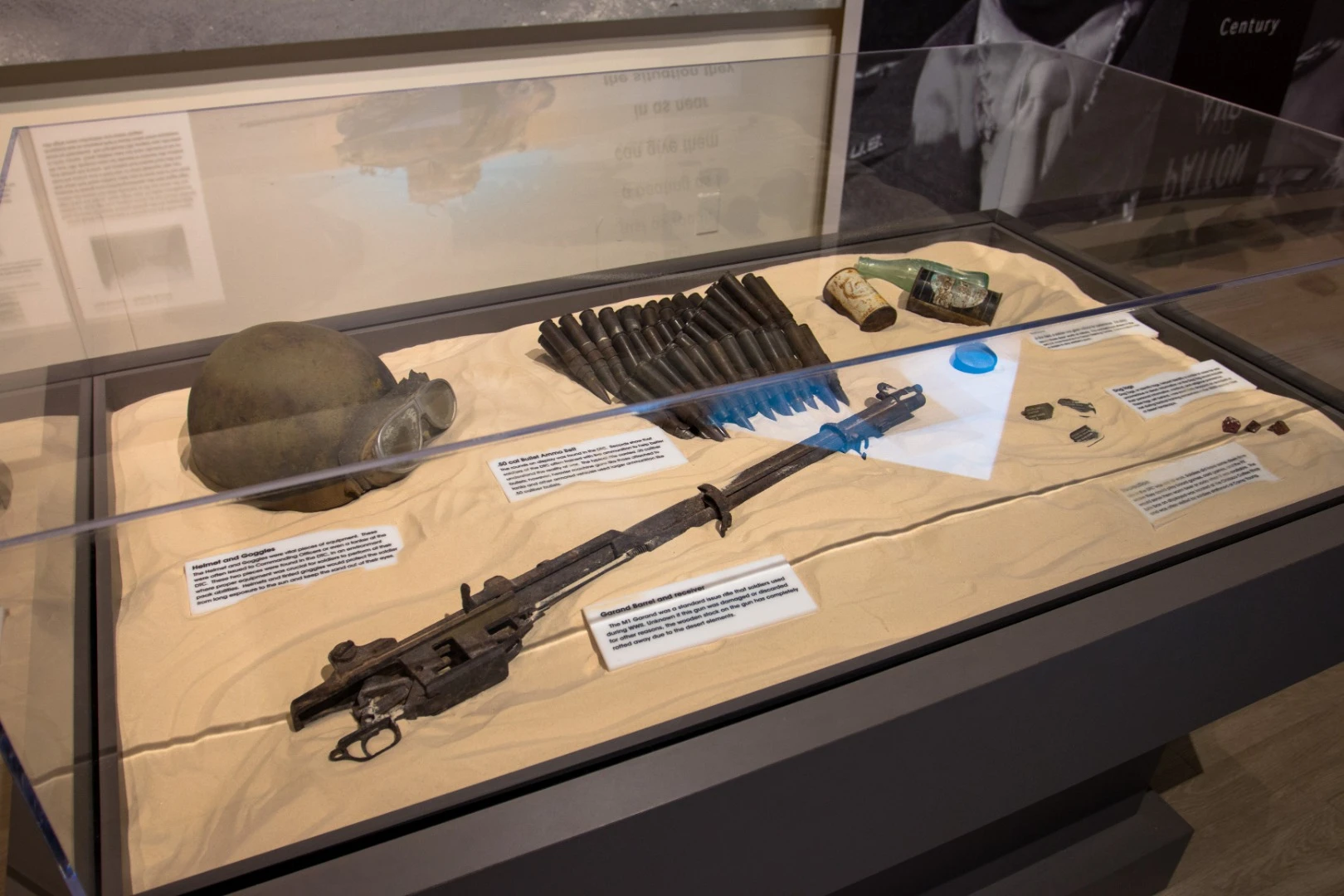 Actual helmets, rifles, bullets, and other items found across the battlefields