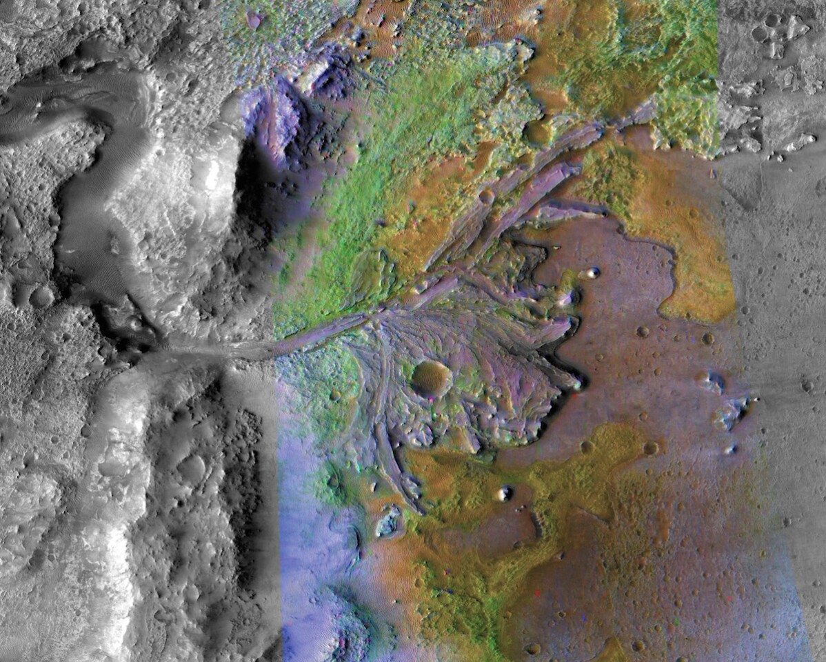 With a long watery history and thick layers of clay, (seen here through a camera and spectrometer of the Mars Reconnaissance Orbiter), Jezero Crater is a leading candidate for a Mars 2020 landing site