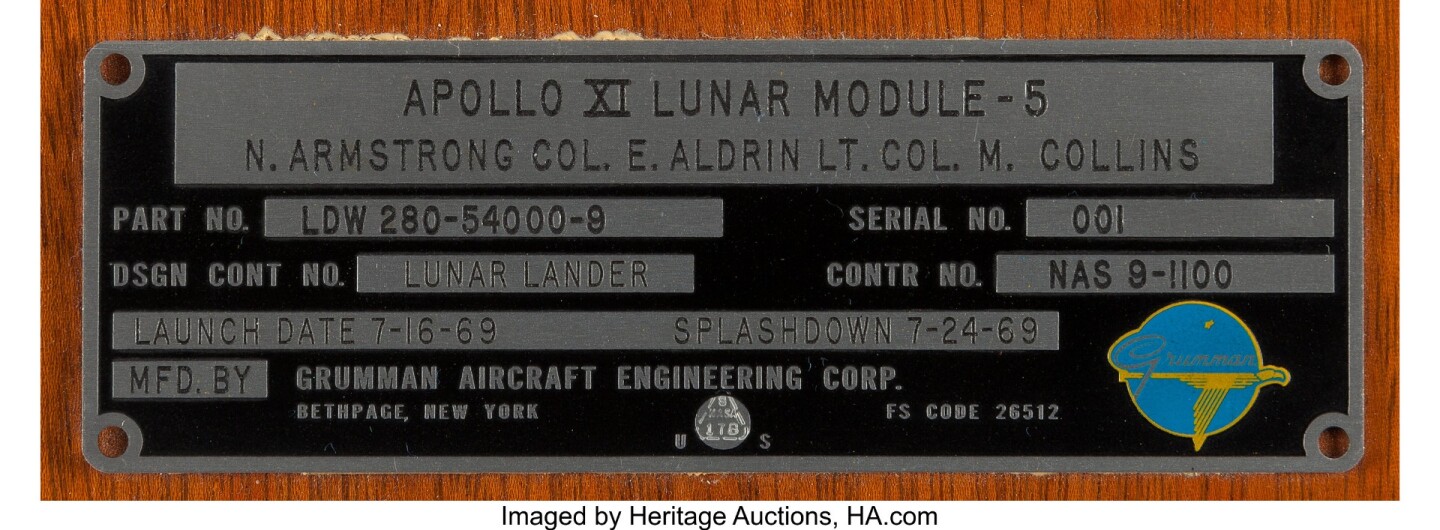 $468,500 | Apollo 11 Lunar Module Flown Spacecraft Identification Plate | Auction House: Heritage Auctions | Sale price: US$468,500 | Official Estimate: Not available | Date of sale: November 3, 2018