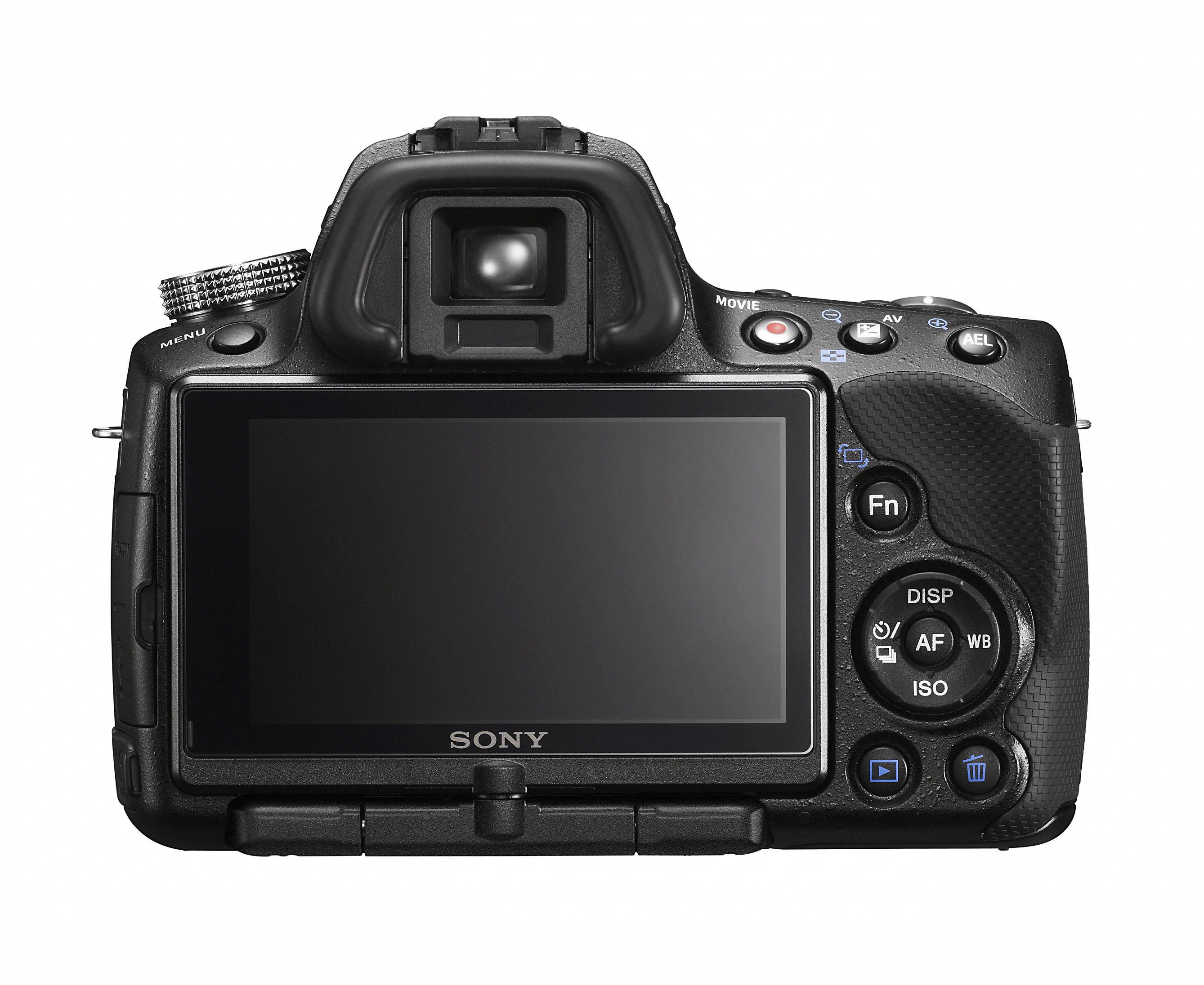 The rear of the SLT-A55 with 3-inch 921,600 resolution Xtra Fine, variable angle tilt LCD with TruBlack technology and 100 per cent coverage
