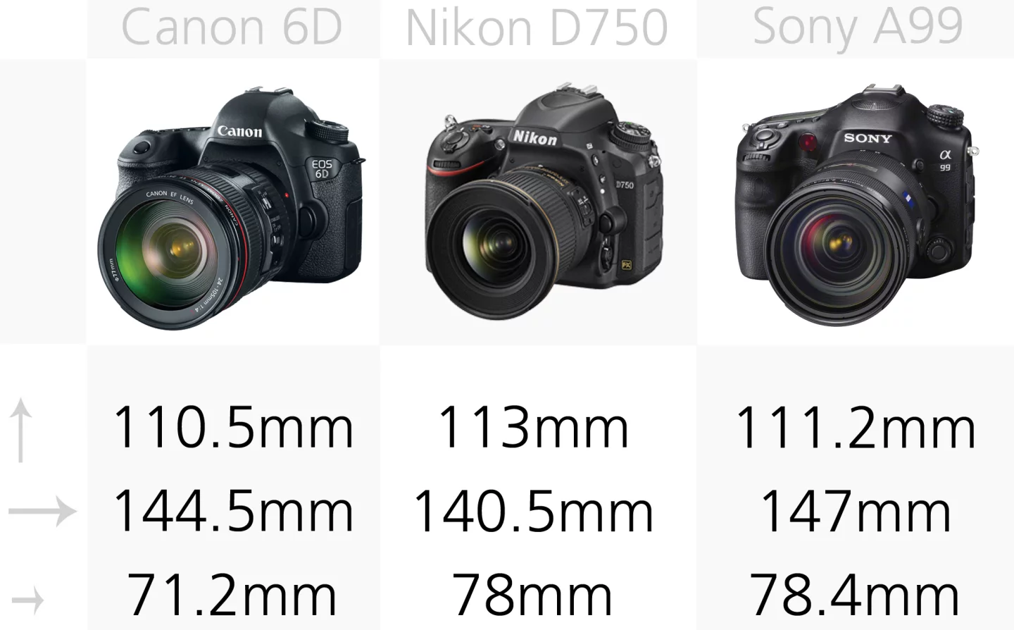These full frame DSLRs are all big cameras, which are considerably larger than APS-C DSLRs, or mirrorless cameras