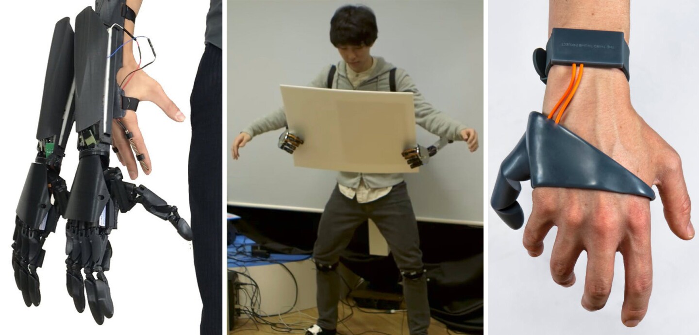 L to R: Youbionic Double Hand (Credit: Youbionic), MetaLimbs (Credit: Inami Laboratory), and the Third Thumb (Credit: Dani Clode Design)