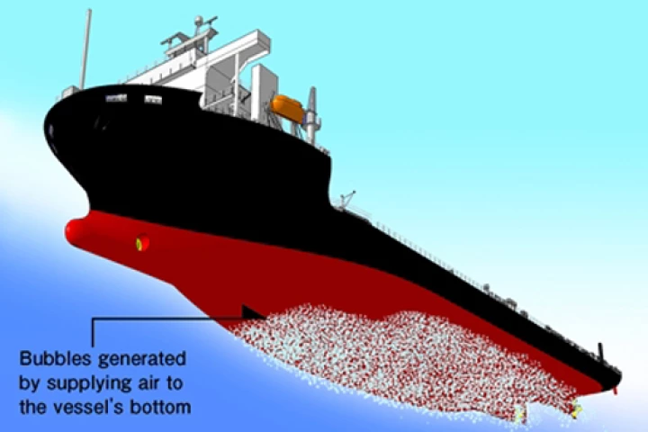 The Mitsubishi Air Lubrication System (MALS) pumps air bubbles onto the bottom of a ship's hull to reduce friction