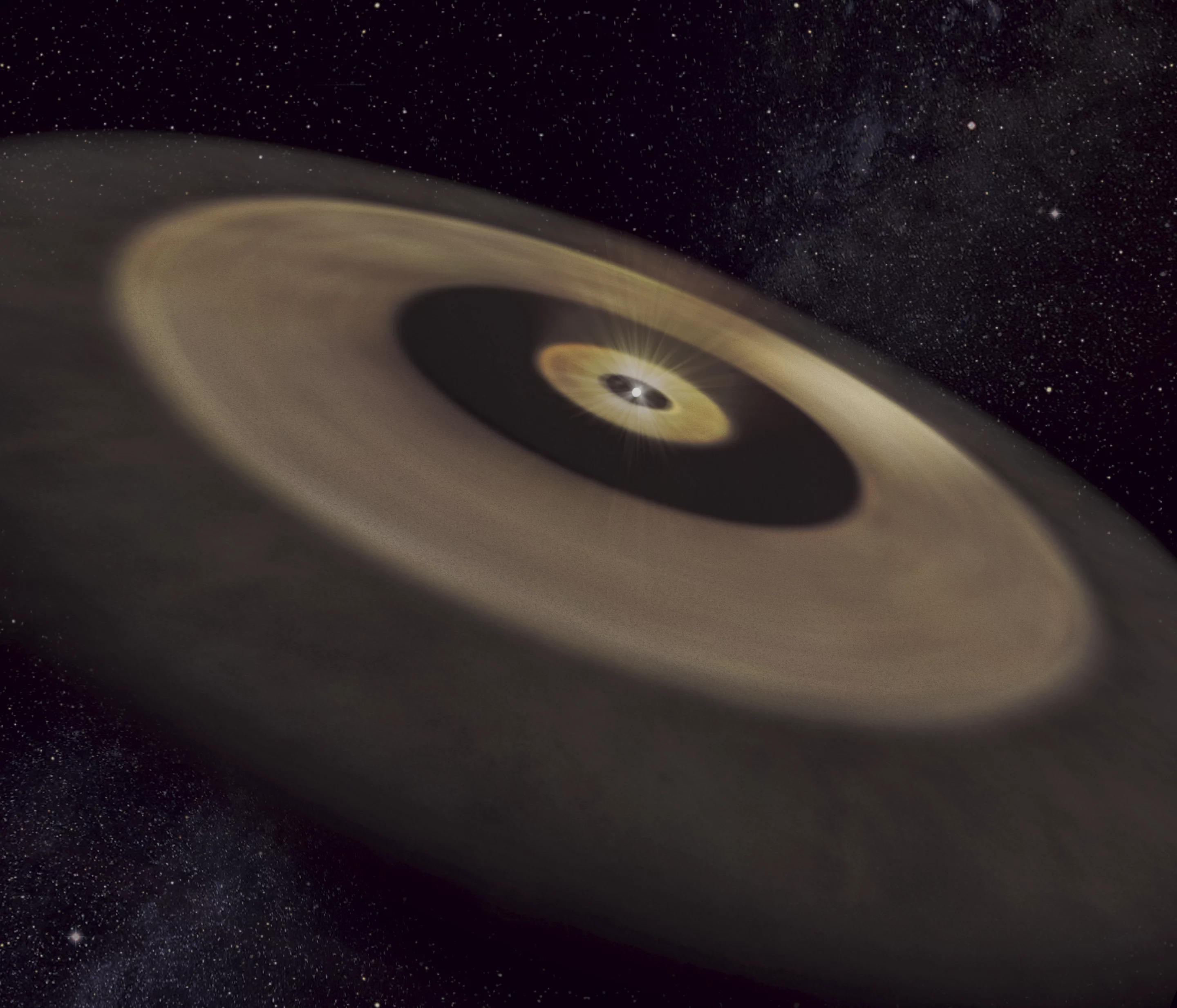 An artist's impression of the two dust disks surrounding the nearby young star DM Tau, which could give birth to a planetary system like our own