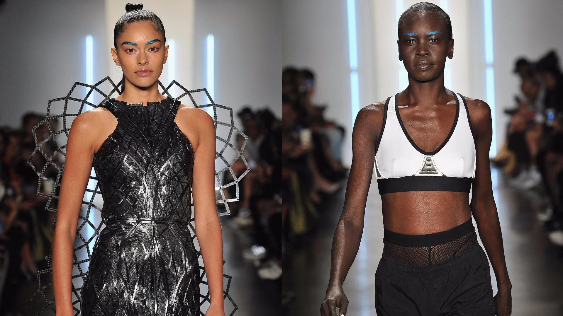 Chromat's Adrenaline Dress (left) and Aeros Sports Bra (right) demonstrate some possible uses for Intel's wearable-focused Curie module