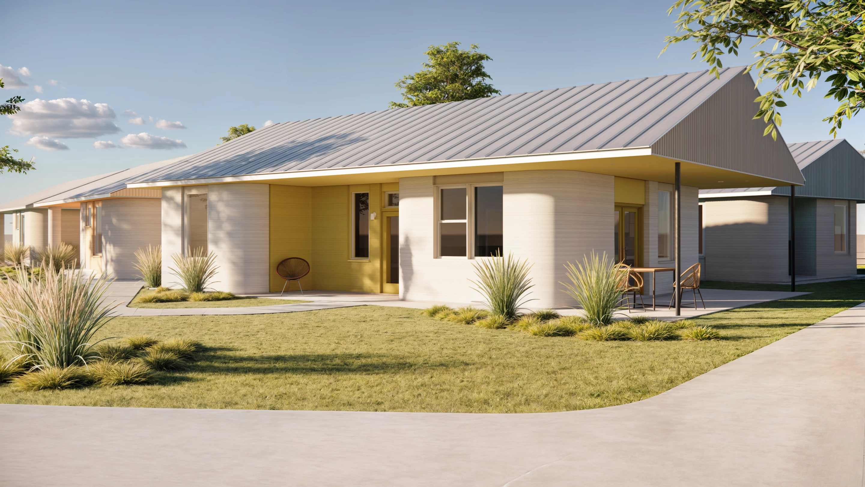 Community First! Village's homes include small garden areas with seating outside