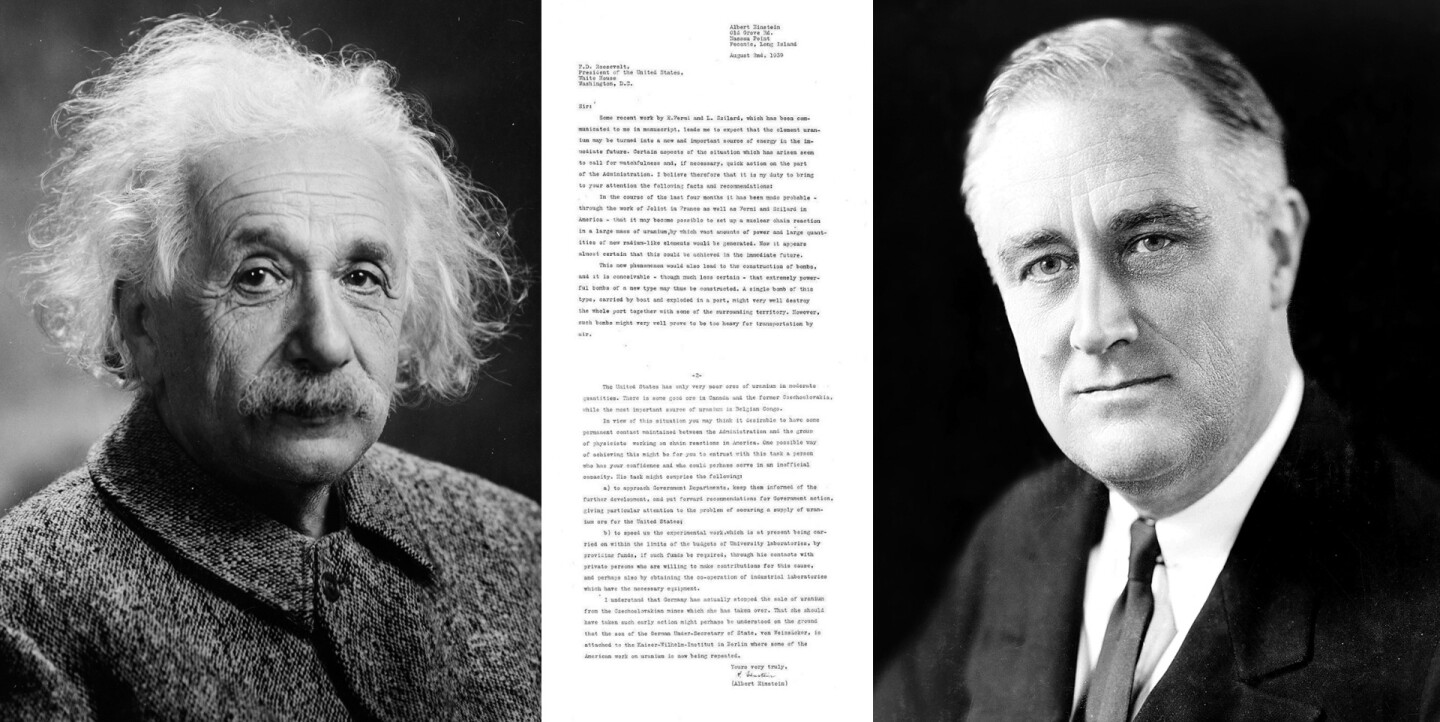 This brief two page letter is arguably the single most influential letter penned during the twentieth century, changing the course of history. In 1939, a group of physicists, several of whom had fled Hitler's Germany, met to discuss concerns regarding Germany's development of a uranium-based weapon system. It was decided to inform President Roosevelt of their concerns and as previous attempts to inform the U.S. administration had fallen on deaf ears, Albert Einstein (who had a personal relationship with the Roosevelts) was enrolled and a letter informing the President about the dangers of a nuclear chain reaction bomb was drafted for Einstein's signature. This is the letter that catalyzed the "Manhattan project", and gave the world nuclear warfare.