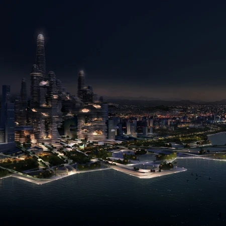 A view of the Cloud Citizen complex at night
