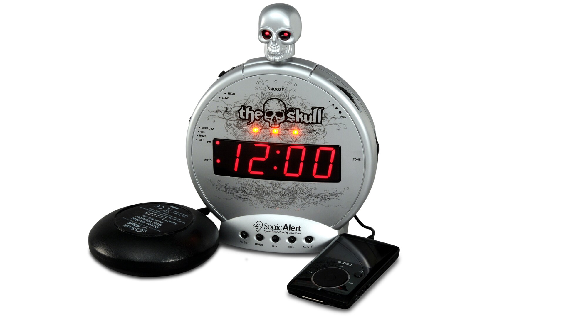 The US47 113dB Sonic Boom Skull alarm clock with bed shaker