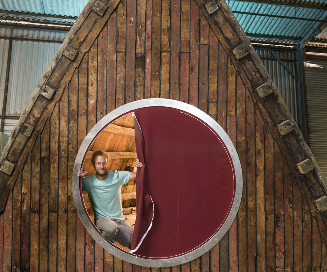 The Boat Pod is fitted with electrical sockets, a stove sourced from the original mast-step, engineered oak flooring, and a sail canvas door