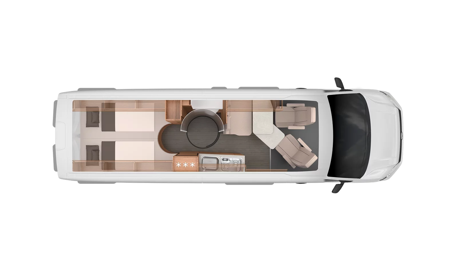 Knaus Boxdrive 680 floor plan with dinette set up in daytime mode