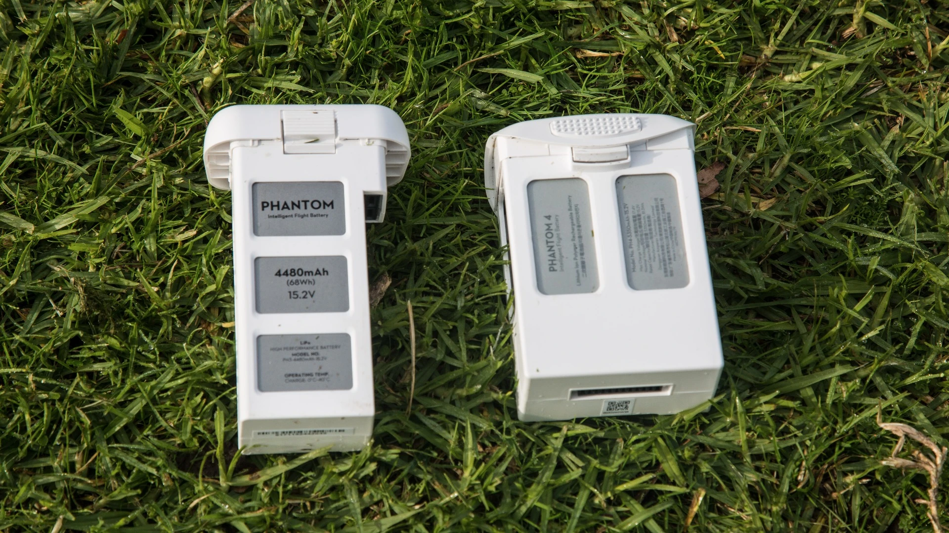 Left: Phantom 3 battery. Right: Phantom 4 battery, with some 20% more capacity