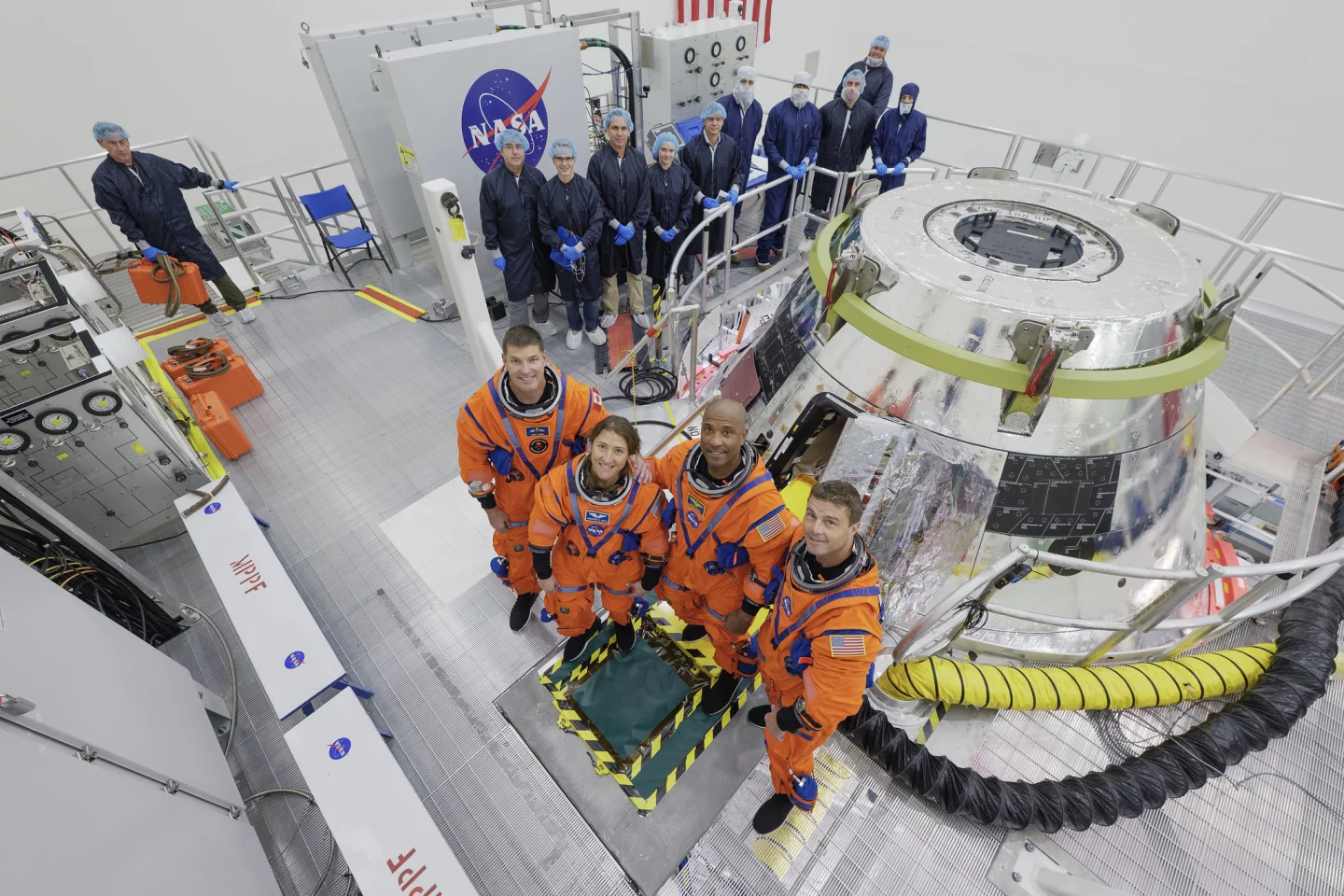 The Artemis II crew (from left to right) CSA (Canadian Space Agency) Jeremy Hansen, mission specialist; Christina Koch, mission specialist; Victor Glover, pilot; and Reid Wiseman, commander