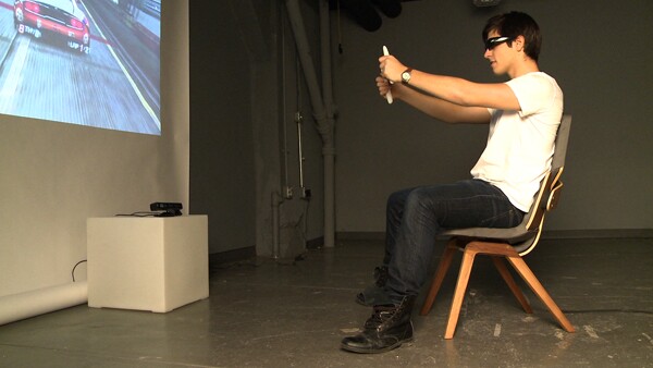 In this driving simulator game, Surround Haptics transmits sensations associated with collisions, objects falling on the car, acceleration, braking and more. (Image: Disney Research, Pittsburgh)