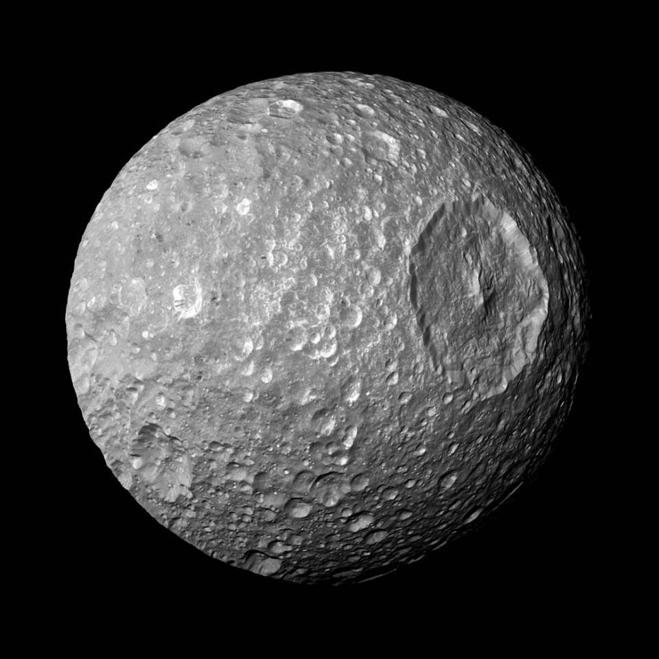 Image taken by NASA's Cassini spacecraft during the closest ever flyby of the Saturn moon Mimas