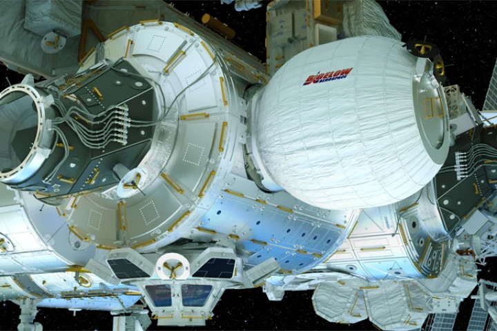 A mockup of the Bigelow Expandable Activity Module (BEAM) that is scheduled to launch for the ISS on Friday
