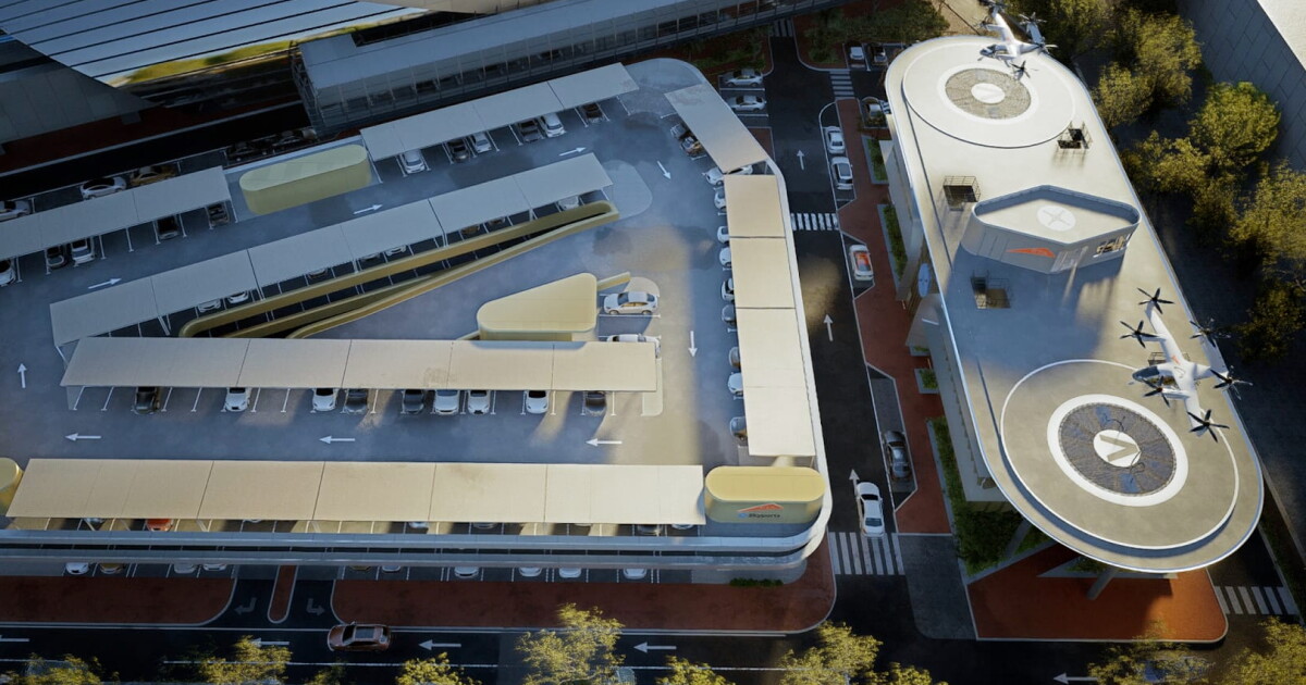 An aerial rendering showing the VDX vertiport at right and its parkade at left