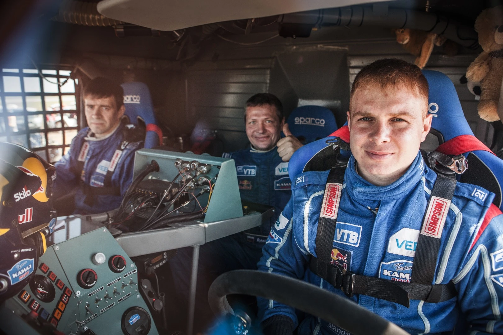 Driver Eduard Nikolaev (right) and co-drivers Vladimir Rybakov (center) and Evgeny Yakovlev (left) at the Kagan Gold rally in April