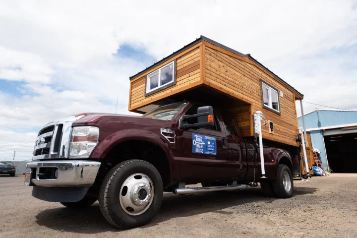 The Tiny Traveler has both a standard RV-style electric hookup and a solar panel system