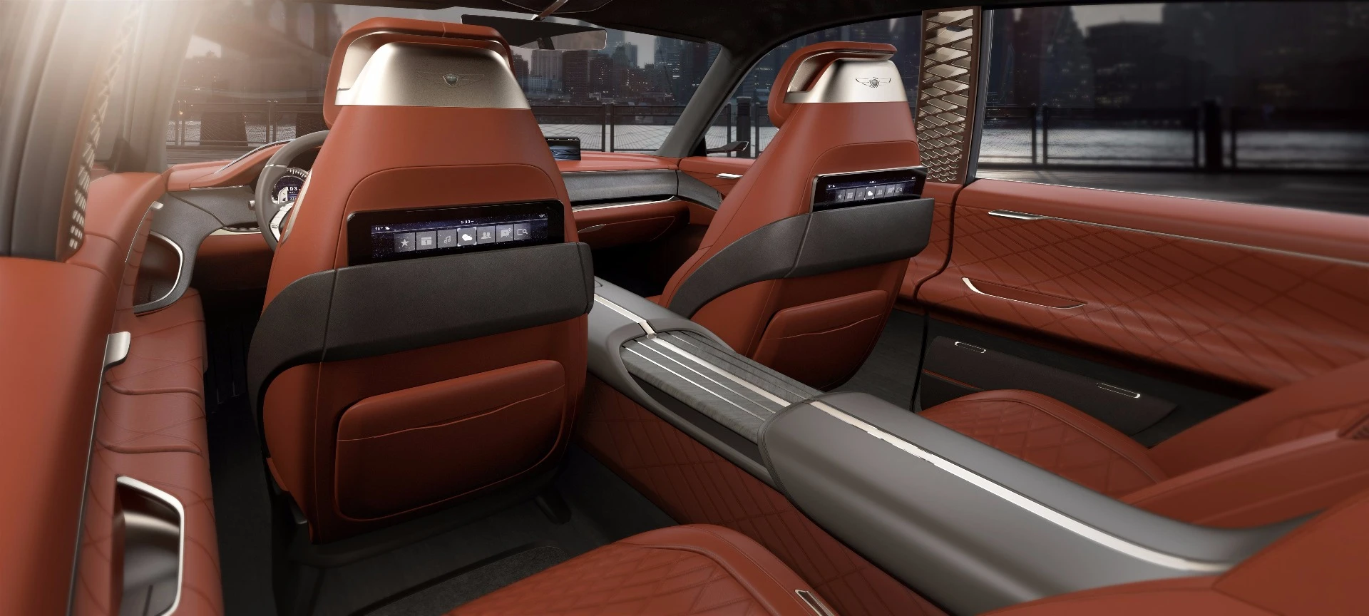 The center console runs clean through to the rear, where there's a second touch controller and some unnecessarily thin widescreens for rear passengers
