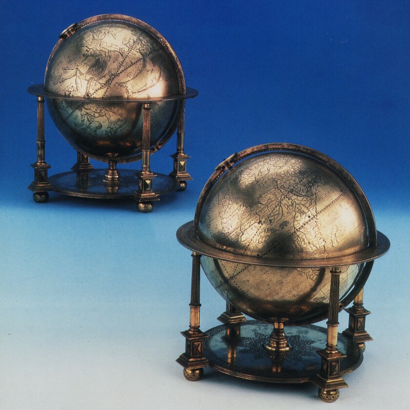 The most expensive globes to have ever sold at auction are the above pair of gilt-metal globes (one terrestrial and one celestial) once owned by Sultan Murad III (1546 – 1595), Emperor of the Ottoman Empire from 1574 until his death in 1595. The globes are 29.6 cm in diameter and are believed to from the workshop of Gerardus Mercator (see also #42 in this listing). The globes were sold $1,778,486 (£1,023,000) on an estimate of £400,000 - £600,000 at a Christie's (London) auction in October, 1991.