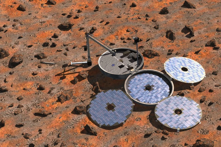 Artist's impression of the Beagle-2 spacecraft fully deployed on the surface of Mars (Image: ESA, Denman Productions)