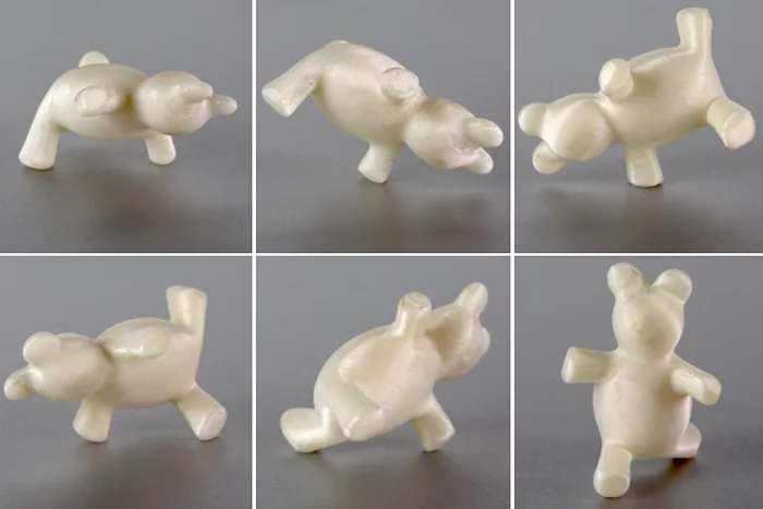 With two movable masses embedded inside, the Breakdancing Teddy is able to stand in six different positions