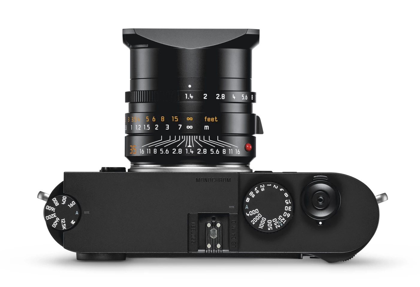 Top view shows an ISO adjustment dial to the left