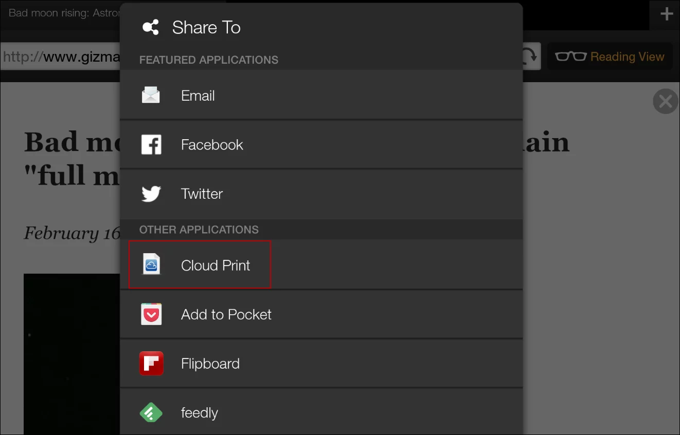 Choose Cloud Print to share a webpage and print it out
