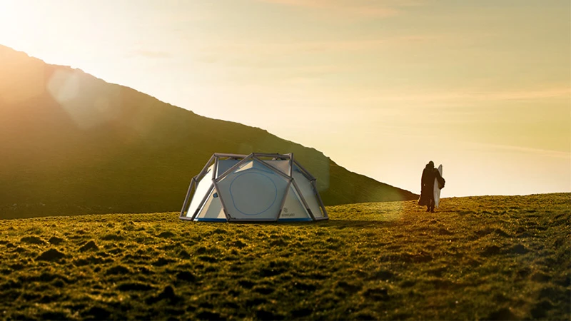 The inflatable geodesic "Cave" tent from Heimplanet