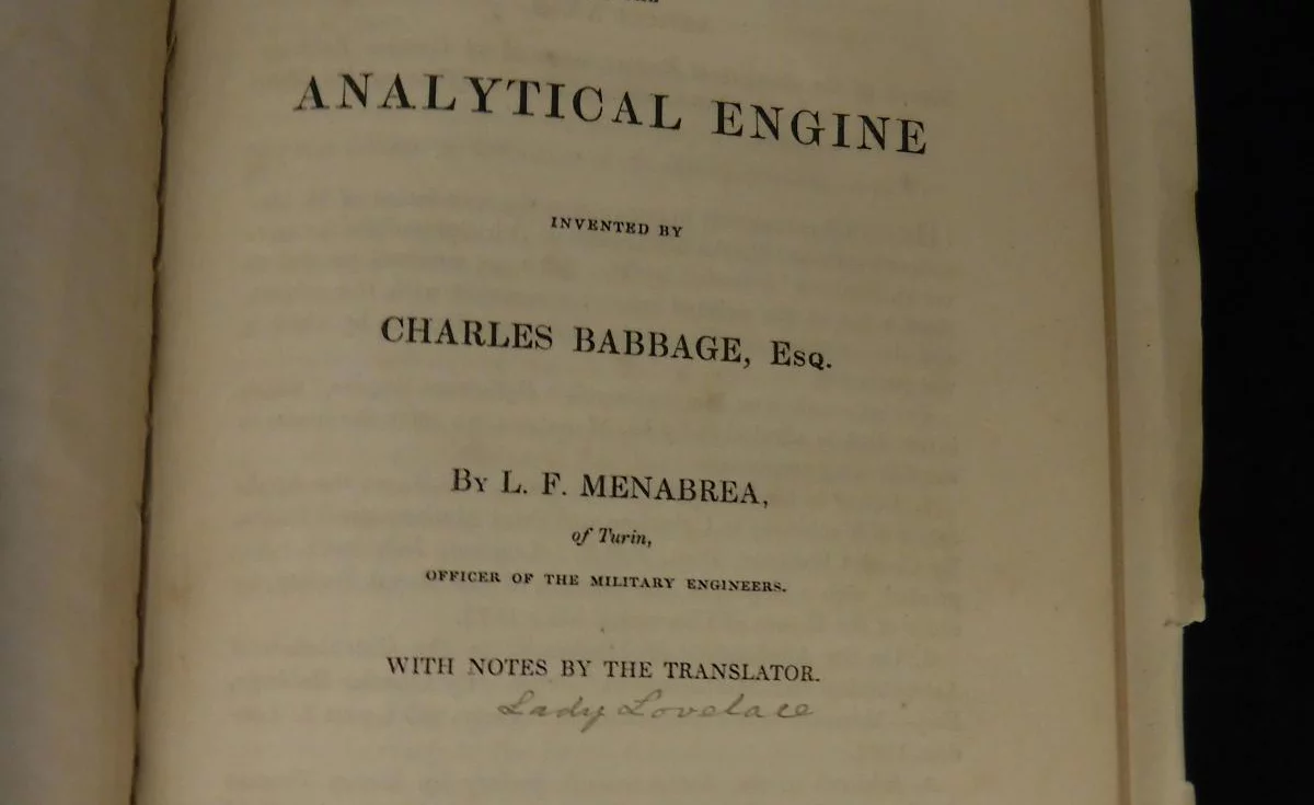 Ada Lovelace's signature on the faceplate of this volume, presumed to have been originally owned by her friend and adviser, Dr William King