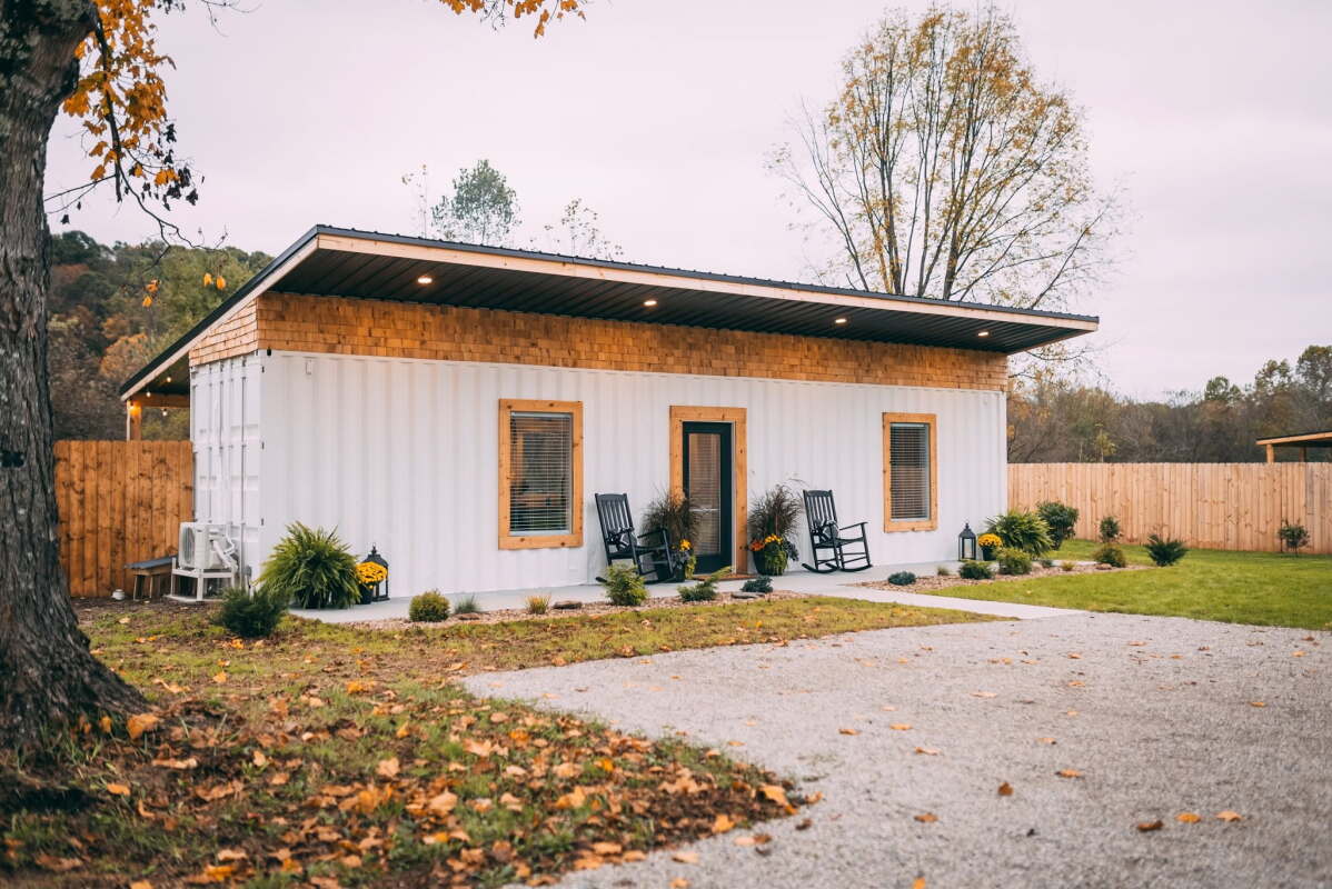 Shipping container transformed into cozy tiny house for two