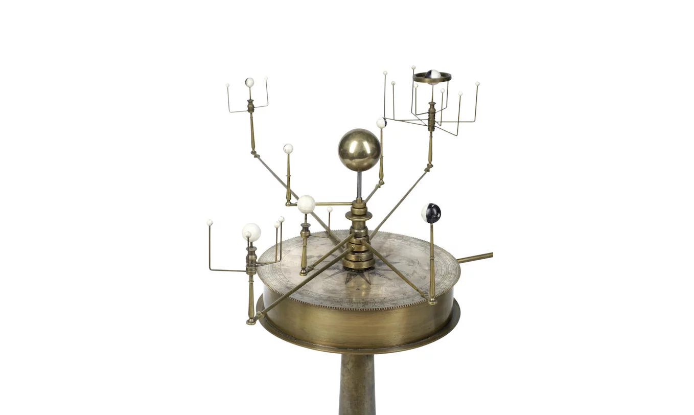 A rare Matthew Berge brass combined planetarium, lunarium and tellarium, English, circa 1800, detail