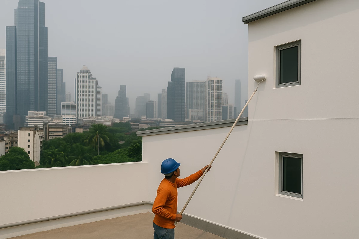A worker paints the outside of a building in a humid climate