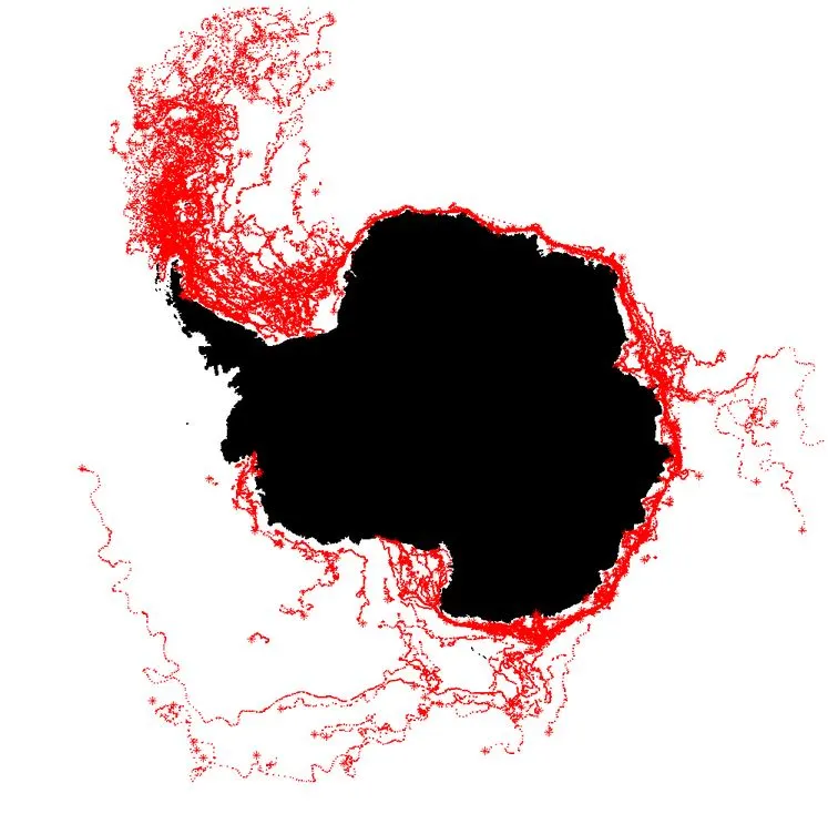 Data taken by six different satellites shows the paths of icebergs after breaking off from Antarctica, between 1999 and 2010