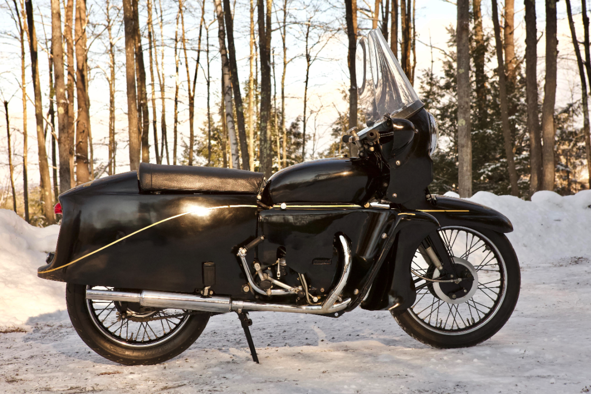 An idea ahead of its time, the enclosed 'Series D' bikes were first shown at the 1955 Earls Court show in London. Phil Vincent's concept of fully enclosing his motorcycles hastened the demise of one of the great brands. Known as the Series D, the Black Prince was an enclosed Black Shadow, while the very similar Black Knight was an enclosed Vincent Rapide. This 1955 Vincent 998cc Black Prince is one of just 200 of the enclosed bikes that were made, and presents as new. It sold for $104,650