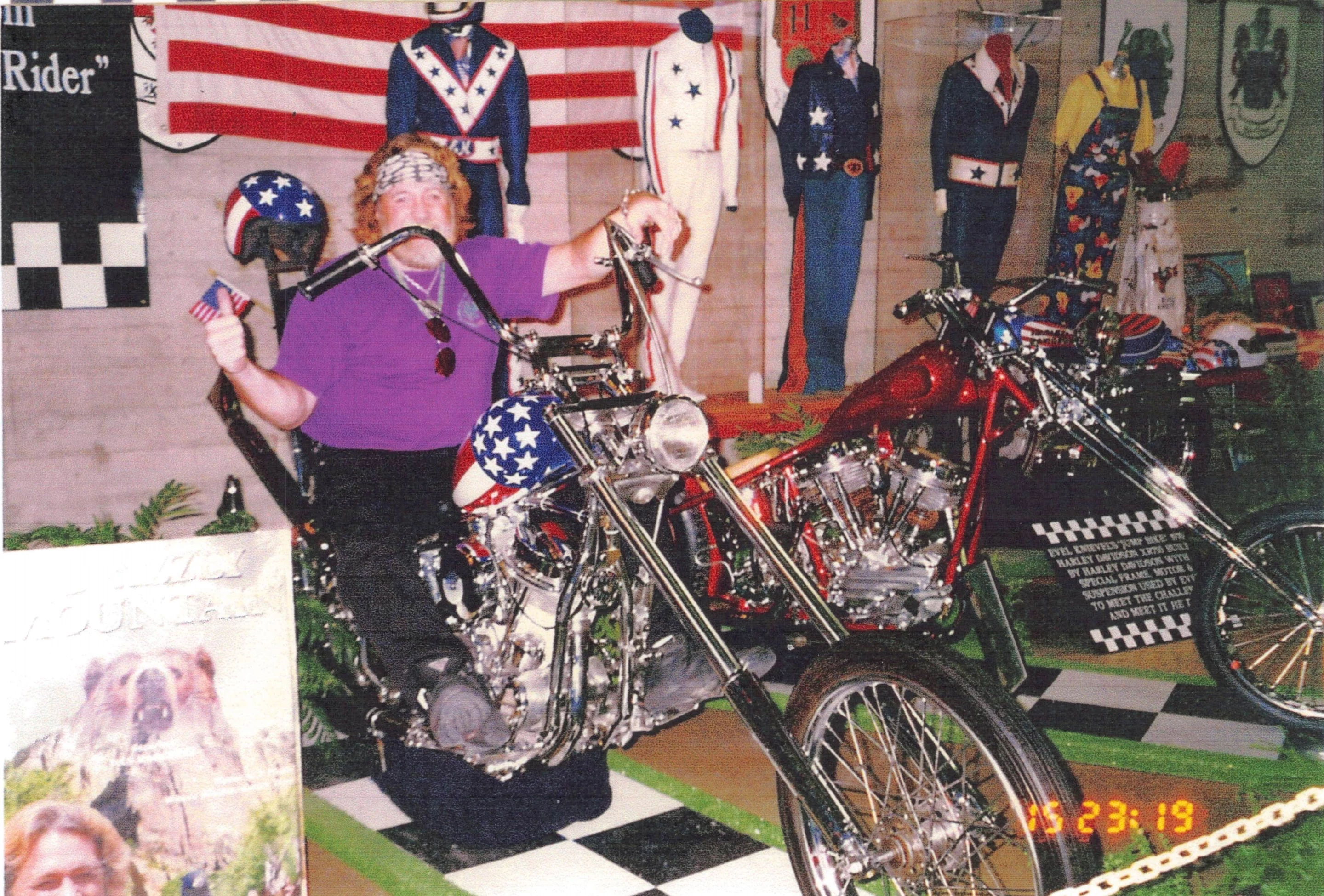 Dan Haggerty on the Captain America Harley-Davidson Panhead Chopper from the Gordon Granger Collection. This image was taken in the lead up to the 1996 auction of the machine by Dan Kruse Classics when the machine was sold by celebrity vehicle collector, Gary Graham, to Gordon Granger.