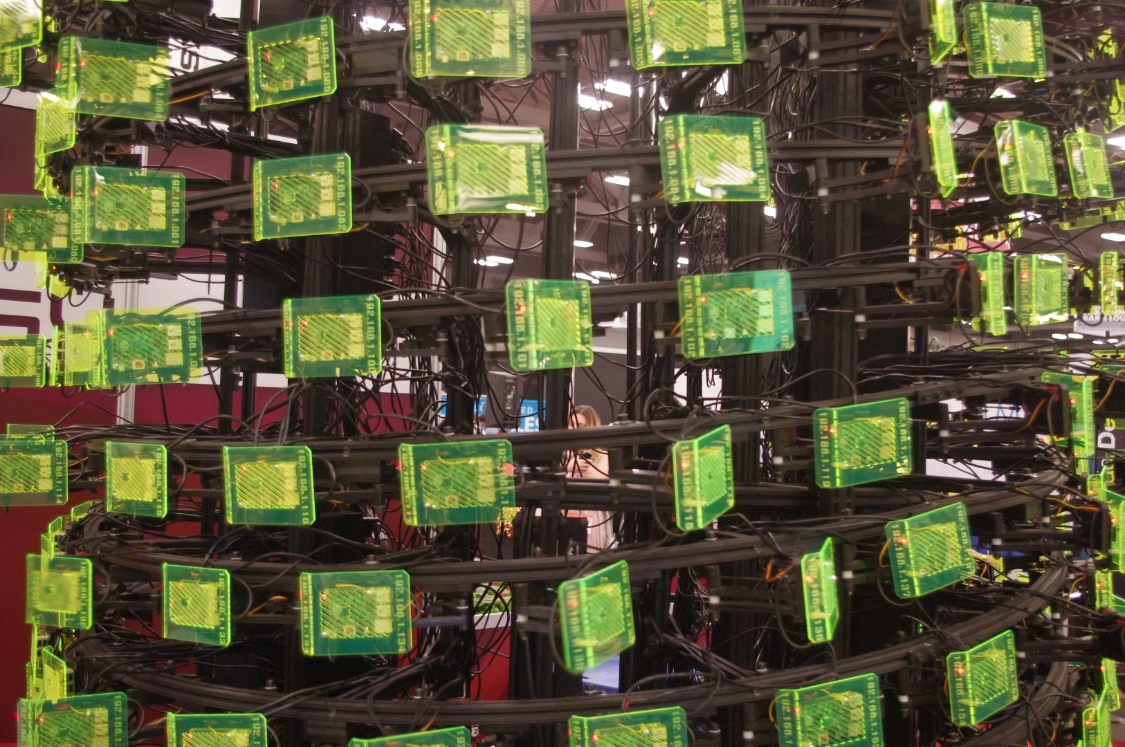 This tower of 256 Raspberry Pi processors was created by students at Virginia Tech to demonstrate the computing that goes on when a request is submitted to Google's search engine