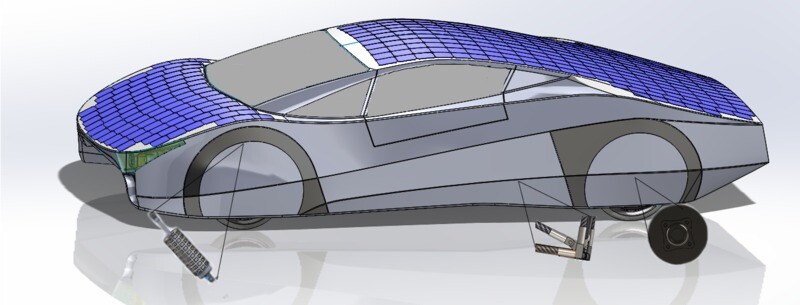 CAD view of the Immortus, showing the location of the solar panels, the hub motor, the carbon tube/3D-printed titanium node space frame
