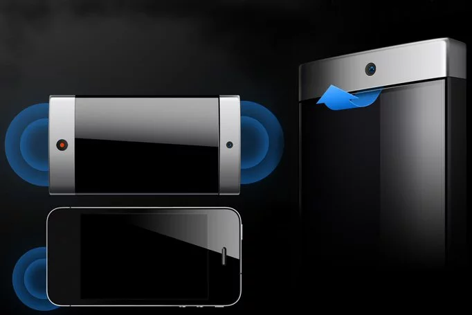 The concept features stereo speakers and a channeling system to send the sound through to the face of the phone during a call