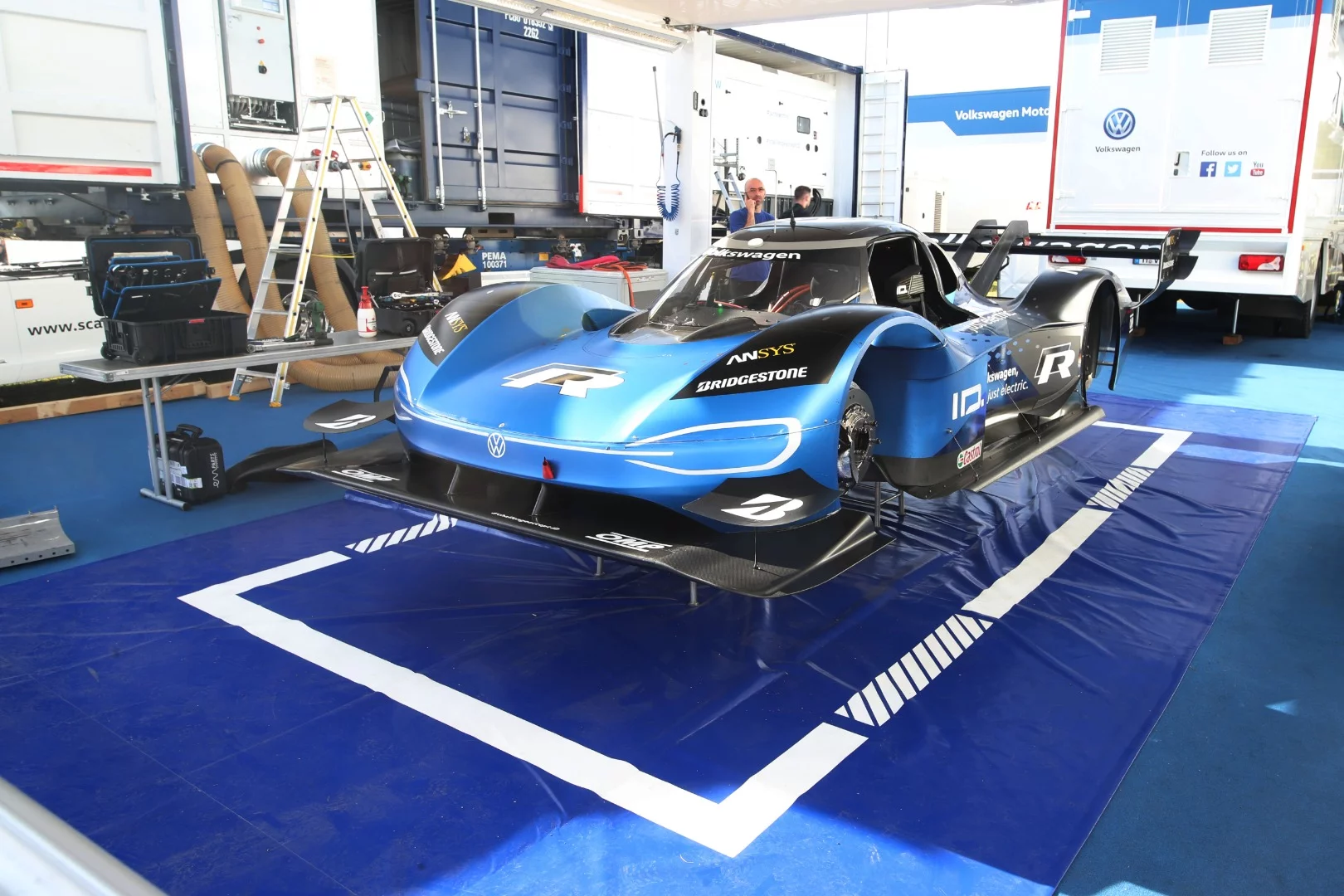 Volkswagen's barnstorming electric I.D. R up on blocks before its record-setting time attack
