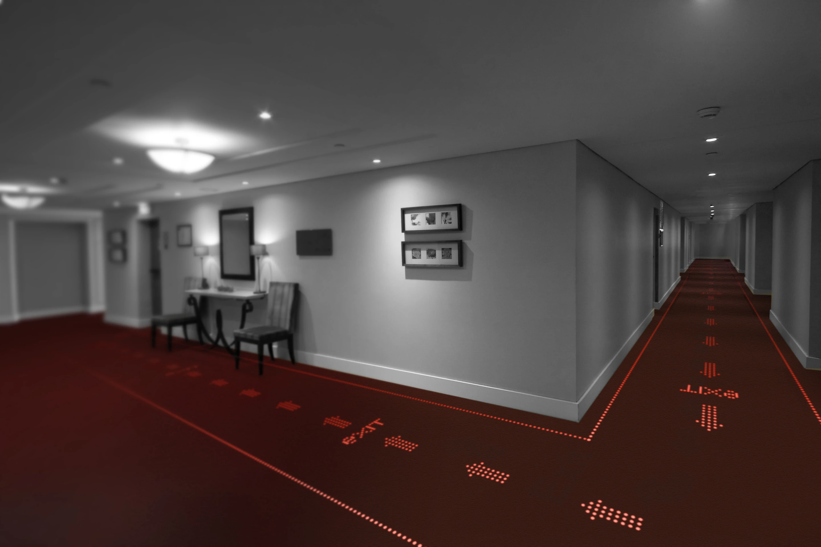 Probably the most useful potential application is to have the carpet display guide lights in an emergency and direct people on a safe route towards the exits, much like on an airplane