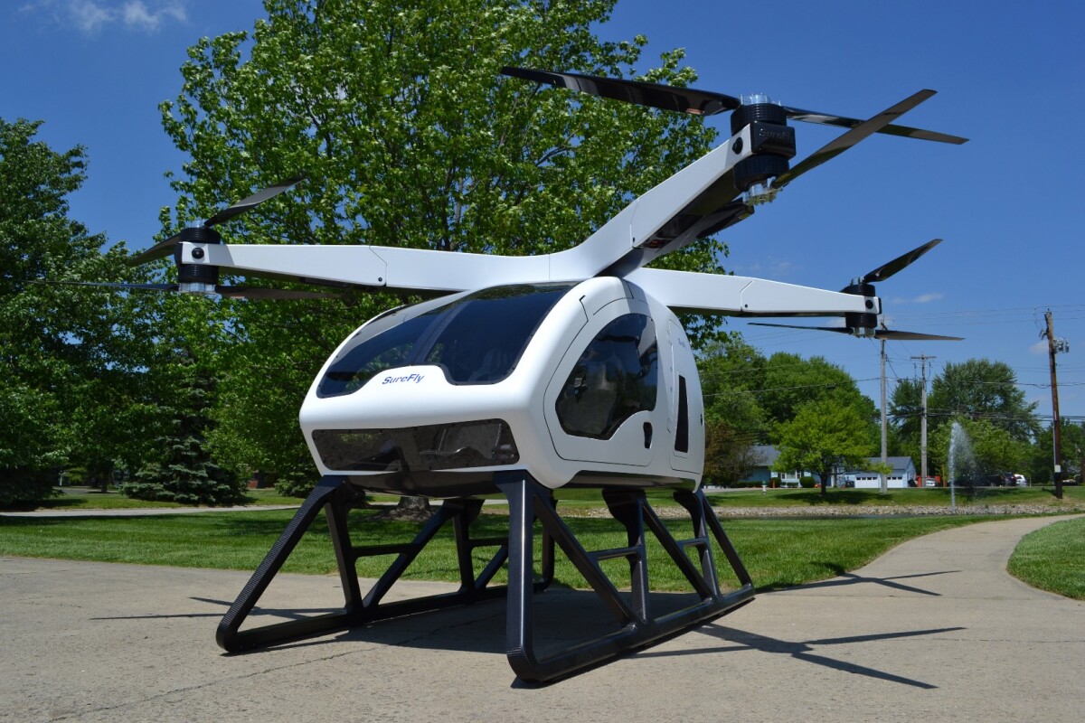 The Surefly passenger drone is designed to use a mix of diesel and electricity to cover a range of approximately 70 mi ( 112 km)
